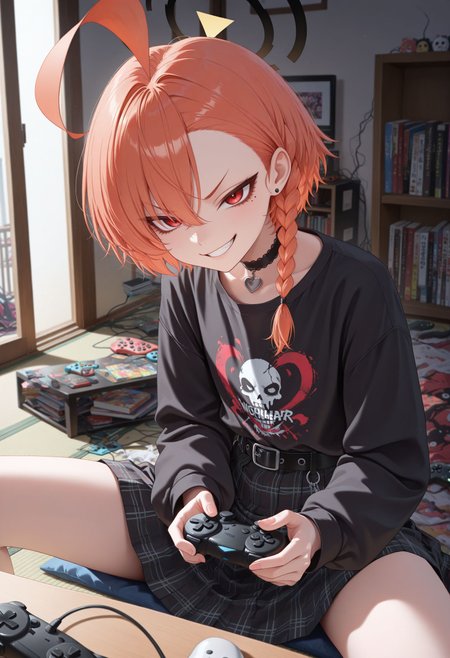 masterpiece, best quality, newest, very awa, looking at viewer,
 <lora:Neru illu:1> 1girl, halo, mole under eye, red eyes, orange hair, single braid, ahoge, short hair, huge ahoge, asymmetrical bangs,
grin, smile, black belt, black choker, emo fashion, jewelry, lace-trimmed choker, lace trim, long sleeves, plaid clothes, plaid skirt, black skirt, black shirt, t-shirt, indoors, playing games heart choker, tatami, table, sliding doors, bookshelf, sitting, spread legs, controller, game controller, holding controller, holding game controller, looking ahead, v-shaped eyebrows, smirk, parted lips, messy room, from side