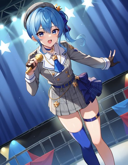 score_9, score_8_up, score_7_up, source_anime,
suiseihoshimachi, <lora:suisei-hoshimachi-ponyxl-lora-nochekaiser:1>
suisei hoshimachi, blue eyes, blue hair, choker, hair between eyes, medium hair, side ponytail, star choker,
ascot, asymmetrical legwear, belt, beret, black gloves, blue ascot, blue belt, blue bow, blue choker, bow, buttons, choker, collared shirt, crown, gloves, grey headwear, grey jacket, grey skirt, hat, jacket, jewelry, kneehighs, long sleeves, miniskirt, mismatched legwear, partially fingerless gloves, pendant, plaid, plaid jacket, plaid skirt, shirt, single kneehigh, single sock, skirt, skirt set, socks, star choker, star print, thigh strap, uneven legwear, white shirt,
indoors, stage, stage lighting, microphone, singing, holding microphone, open mouth, bent over,
looking at viewer, dutch angle, cowboy shot,