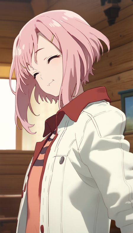 score_9,score_8_up,score_7_up,
<lora:yoshinokoharu:0.9>,
yoshinokoharu,
1girl, solo, pink hair, short hair, bangs, red eyes, closed eyes, pursed lip, happy, white jacket, orange tank top, portrait, face focus, 
indoors,wooden interior designs,living room,