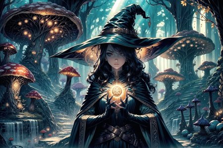<lora:FeyAndFairies:1> FeyFa, sinister fantasy, scene, forest, river, huge mushrooms, sun rays,  <lora:Fantasy_Classes_SD:1> fantasy class, witch, witch hat, cape, gloves, tunic, thighhigh boots, best quality, masterpiece, <lora:more_details:0.65>, 1girl, solo