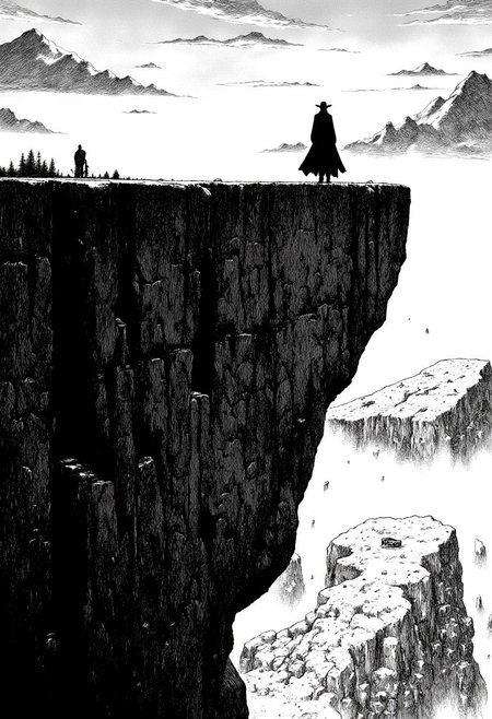 nistyle, monochrome manga sketch, A Closeup Portrait of a cowboy, Closeup, at the edge of a steep cliff, his silhouette shrouded in mystery. He wears a long, tattered coat that billows dramatically in the wind, creating a striking contrast against the rugged landscape. Hyperdetailed badass Closeup