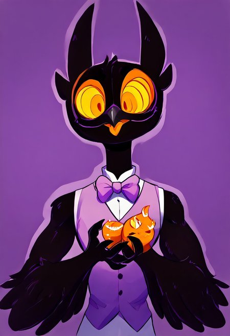 Barnaby, 1boy, yellow eyes, orange sclera, black body, long neck, feathers, bird feet, winged arms, bird tail, black beak, purple vest, sleeveless, purple bowtie, orange tongue, avian, furry, anthro, ghost, owl, spirit, digitigrade, no humans, perfect anatomy, solo, (insanely detailed, beautiful detailed face, masterpiece, cinematic lighting, detailed hands, detailed face, best quality), (sharp), score_9_up, score_8_up, score_7_up, score_6_up, highest quality, 8K, RAW photo, source_anime, perfect face, perfect hands, upper body, diives