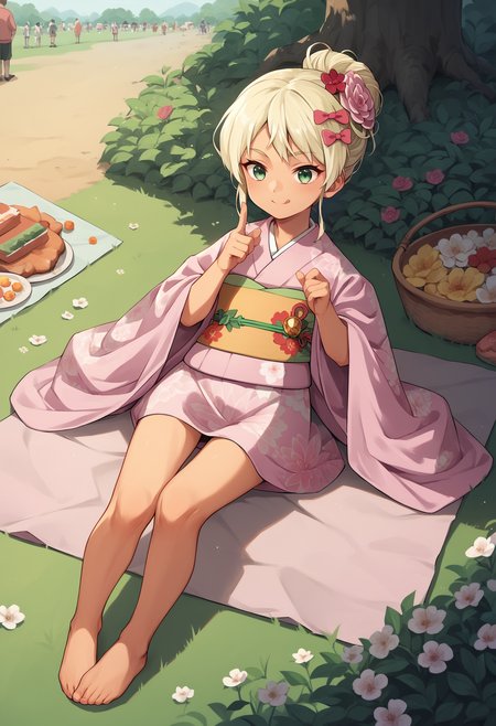 score_9, score_8_up, score_7_up, score_6_up, score_5_up, score_4_up, BREAK, full body, outdoors, festival, lying, smile, 
<lora:grecalev1:1>, grecalekc, blonde hair, green eyes, hair bow, tan, grecalenewyear, pink kimono, flower ornament, floral print, obi, hair bun,