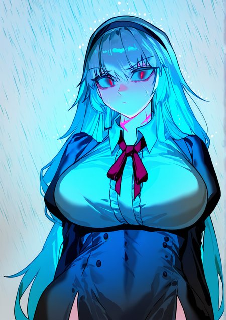 <lora:Bogo:1>,1girl, thunder (girls' frontline), detailed background, huge breasts, wide hips, grey background, grey hair, hairband, long hair, looking at viewer, neck ribbon, rain, red eyes, ribbon, scar, scar on neck, solo, upper body, 
very awa, masterpiece, best quality, highres, absurdes,amazing quality,year 2024,newest