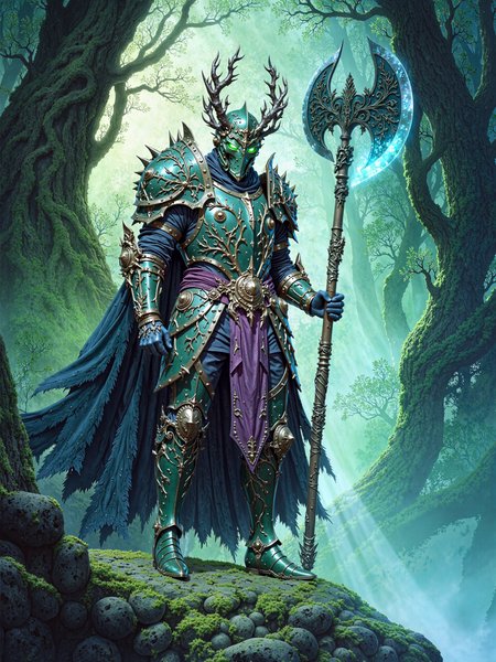famous artwork, masterwork fantasy digital painting, 8k, 4k, dark enchanted forest, a towering armored knight stands in the foreground, facing forward with a commanding presence, his muscular physique emphasized by the heavy, ornate armor, the knights plate armor is a dark, rich green with intricate black and purple accents, decorated with motifs of vines, leaves, blossoms and elaborate flourishes, seamlessly blending with the forest around him, the helmet features curling, menacing horns and eerie glowing green eyes, enhancing his supernatural and ancient aura, he grips a massive battle axe in his right hand, the blade glowing with an intense, ethereal blue light, while a large shield matching his armor's organic design rests on his left arm, both battle axe and shield detailed with intricate engravings and naturalistic motifs, giving them an ancient, mystical appearance, the background is a misty, dense forest of tall, gnarled trees wrapped in thick moss and hanging vines, the forest floor is uneven and shadowed, scattered with twisted roots and patches of faintly glowing undergrowth, the fog weaves through the trees, adding depth and a dreamlike, eerie atmosphere, the camera angle is slightly low, looking up at the green knight, emphasizing his size, dominance, and the grandeur of the surrounding mystical forest, the wide framing captures both the towering trees and the full figure of the knight, drawing the eye upward toward his glowing battle axe, the lighting is soft and diffused with a bluish-green tint, atmospheric mist enhances the depth and separation between foreground and background, delicate shafts of cold light filter through the canopy, highlighting the metallic gleam of the armor and the magical glow of the battle axe, deep shadows create strong contrast without overwhelming the image's rich texture, painted with ultra-high-definition digital illustration techniques, blending realistic texturing with stylized fantasy elements, smooth gradients, fine surface detailing, crisp silhouette, color grading emphasizes dark greens, muted purples, and luminous blues for an immersive, mysterious mood, ovg, studio ghibli dark fairytale, <lora:style-dark_ghibli-flux-by_arsmachina:0.68> <lora:flux_ultimate_at_home-hiresfix_lora-flux-by42lux:0.28>