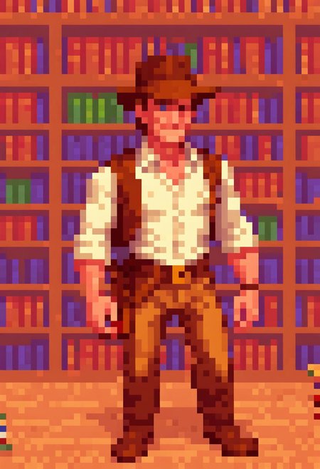 pixel art PixArFK
lucasarts style,  
  indiana jones in a library