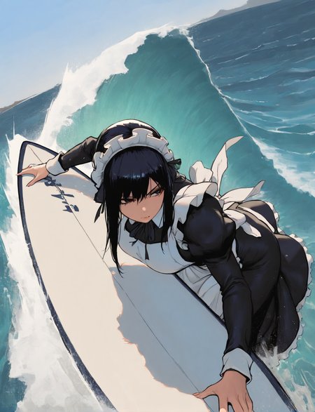 black outline, masterwork, masterpiece, best quality, dynamic lighting, BB, professional, detailed, detailed_eyes, masterpiece, 1 girl, maid, ((sunday, day)), glare on the water, surfboard, on background of a wave, surf trick, maid's dress with an apron, dynamic lighting, HeavyZ, motion lines,  <lora:add-detail-xl:1.5> <lora:748cmSDXL:0.7> <lora:venguard3:1>