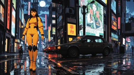long hair black hair young woman, anime, illustration, cyberpunk, futuristic, extremely detailed, portrait, standing, happy smile, beautiful cyberpunk tokyo buildings landscape, wet floor, windows, car, motorbike, moon in the sky, bright neon lights, screen holograms, kanjis, raytracing, hdr, high contrast, cinematic lights, backlight, reflections, legs, heels, sharp focus, luminous Mustard Yellow robot glossy brilliant armor, body lights, body circuits, glossy lipstick, necklace, leaf earrings, colorful, retrowave, shadows, vibrant colors, colorful, bright, pretty, beautiful, feminine, sexy, lovely, in love, adorable, fashion, <lora:Hand v2:1> <lora:Anti-Blur:2> <lora:Insane Detail Slider:0.5>  <lora:flux.1_lora_flyway_Epic-detail_v2:0.3><lora:fluxenhancer:0.5> <lora:RetroAnimeFluxV1:0.3> <lora:CPA:0.7> <lora:Luminous_Shadowscape:0.4>
