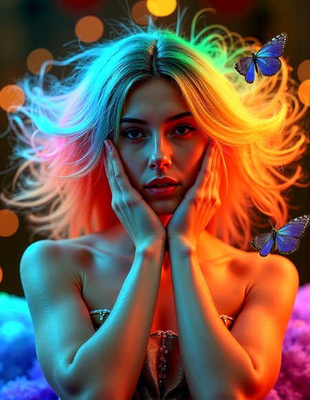 vintage style from 1930s,
Extreme realism in a complex, highly detailed composition featuring a woman with flowing rainbow-colored hair. The glowing background, with its vibrant colors, exaggerated details, intricate textures, and dynamic lighting, creates a whimsical, dreamy atmosphere in photorealistic quality.

Threads of light that float and weave through the air, adding movement and intrigue.
Patterns on the ground or in the background that glow subtly, adding a layer of complexity.Rainbows that appear faintly in the background, adding a touch of color and wonder.Butterfly wings that shimmer in the light, adding life and movement to the scene.



The woman’s hands frame her face gently, with her fingers lightly touching her cheeks.

