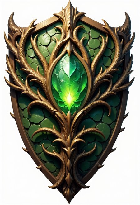 digital illustration of a fantastical shield with a medieval fantasy theme. The shield is intricately designed with a wooden frame that resembles tree branches, intertwining and forming a sturdy yet ornate structure. The wood has a rich, earthy texture with visible grain patterns, giving it a natural and organic feel. At the center of the shield is a large, emerald-green gemstone that glows with an internal light, casting a soft, greenish aura around it