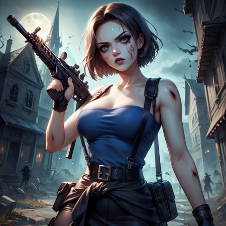 masterpiece, best quality, highres, realistic, best quality, zPDXL2,
score_9, score_8_up, score_7_up, Expressiveh,
BREAK,
((undead ghouls in background, aiming assault rifle at viewer)), zombies, hoards, <lora:REJill:1.5>, JillRE3, brown hair, (blue tube top), bob cut, short hair, suspenders, pencil skirt, clothes around waist, boots, slim waist, curvy body, cute, close-up, amazing, very aesthetic, pretty girl, determined, fierce, assault rifle, beaten, blooded, ripped clothes,
BREAK,
(portrait photography:0.7), dark background, post-apocalyptic background, dark light, shallow depth of field, photographed on a Sony a9 II, 50mm wide angle lens, sharp focus, backlit, urban midnight, (dramatic lighting), horror scene, horror theme, dark theme, night time,