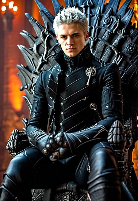 (dmc5vergil, black coat, fingerless gloves, pants, sitting on Iron Throne), high quality, photo realistic, HD, hyperdetailed, Nikon 15mm f/1.8G, studio photography, Game of Thrones style, aesthetic, extremely detailed, great lighting