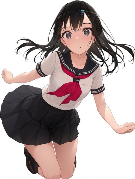 masterpiece,best quality,newest,
1girl,solo,
<lora:ikuta_risa_ilxl_v1.1:1>,risa,hairclip,black hair,black eyes,r_clothes,
<lora:Fixhands_anime_bdsqlsz_V1:1>,cinematic_angle,looking_at_viewer,jumping,full body,parted lips,sweatdrop,white_background,simple_background,surprised,