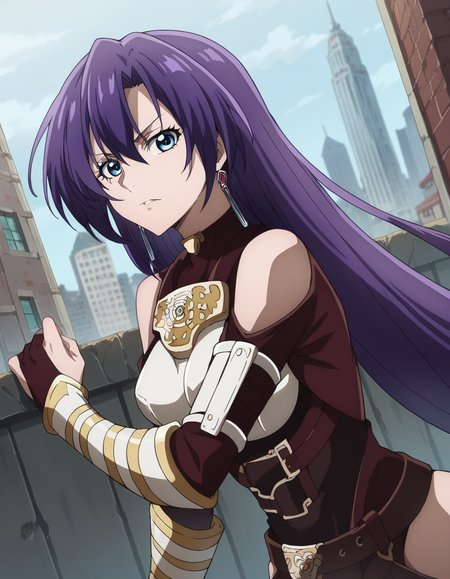 score_9, score_8_up, score_7_up, source_anime,
arthurpencilgon, <lora:arthur-pencilgon-ponyxl-lora-nochekaiser:1>,
arthur pencilgon, long hair, blue eyes, hair between eyes, very long hair, purple hair,
gloves, belt, armor, clothing cutout, breastplate, bare shoulders, earrings,
outdoors, cityscape, bent over,
looking at viewer, dutch angle, cowboy shot,
