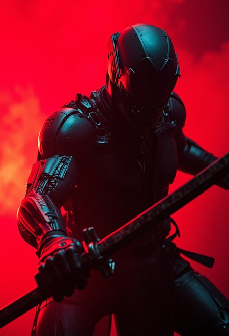 UNI_SCI_FI_CORE closeup portrait photo of an Elysium Robot Cyborg Samurai, macro, a captivating vibrant dark capturing the essence of a cyborg Bedouin sorcerer in fight stance, Kneeling infront of japanese shire. ethereal, smoky backdrop. throwing a translucent red/tanslucent amber/black, weapon, katana, holding katana, atmospheric haze, Film grain, cinematic film still,  (eerie, mysterious, liminal fog, ethereal wisps), (triangle, geometric shapes, abstract geometric gradients) : 4]. low contrast, depth of field, blurry, bokeh, grainy texture, (holographic colors:1.2), spooky, a mesmerizing blend of light and shadow. high quality, 4k, 8k, masterpiece, two tone cinematic lighting <lora:DonMB01dD4rkXL:0.8>,