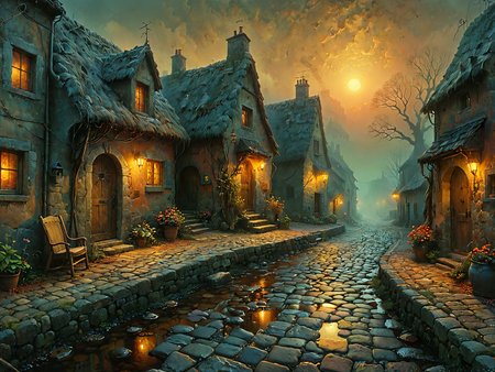 Professional photography. 

Quaint cottages on a meandering cobblestone street. 

Blissful sunset hues. Warm tones, warm hues.

Atmospheric, rustic, moody.

<lora:OMG-Is-DucHaiten_v1.0:1.0>
<lora:sdxl_lora_beksinski-000018:0.1> digital artwork by Beksinski 
<lora:The_Dark_Side_of_the_Earth:0.2>
<lora:DonMP4ste11F41ryT4l3XL-000008:0.4> DonMP4ste11F41ryT4l3XL 