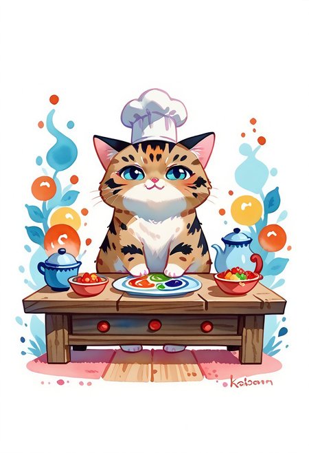 score_7_up, score_8_up, score_9, (full body:1.15), cat, animal kitten, chibi animal cat, Kus1cat, Chibi Art Style, furr, 
cute cat, game character, very cute, chef, watercolor style,
(Wooden table with colorful tablecloths detailed background:1.19), HQ,