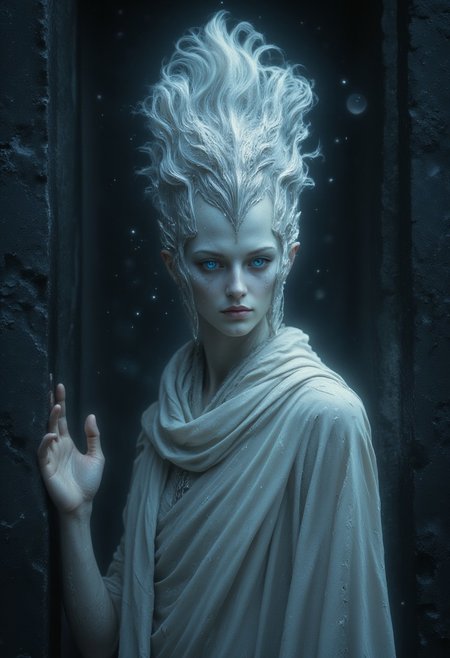Gorgeous Galactic, Ethereal female figure with luminescent alabaster skin that seems to capture and reflect moonlight like living opal, impossibly large iridescent eyes that shimmer with an otherworldly sapphire glow. Delicate features framed by flowing platinum-white hair that moves like silk in the night breeze. Petite yet graceful form draped in diaphanous robes that blend with the mist. Standing before ancient weathered stone walls, her presence bridges the mortal and spirit realms. Hyperrealistic digital painting, mystical atmosphere, moonlit night, volumetric fog, cinematic lighting.