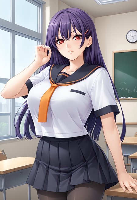 score_9,score_8_up,score_7_up,source_anime,5_figner,2d_animation,game cg,BREAK,1girl,Houjou Tsubaki, long hair,bangs,purple hair,red eyes,hairclip,hairs between eyes, school uniform,white shirt.pleated black skirt,black pantyhose,orange necktie,short sleeves,serafuku,large breasts,
school,class room,blackboard,window,standing,
masterpiece,best qualit,ultra-detailed,illustration,an extremely delicate and beautiful,beautiful detailed eyes,unity 8k wallpaper,high resolution,anime CG,official_art,