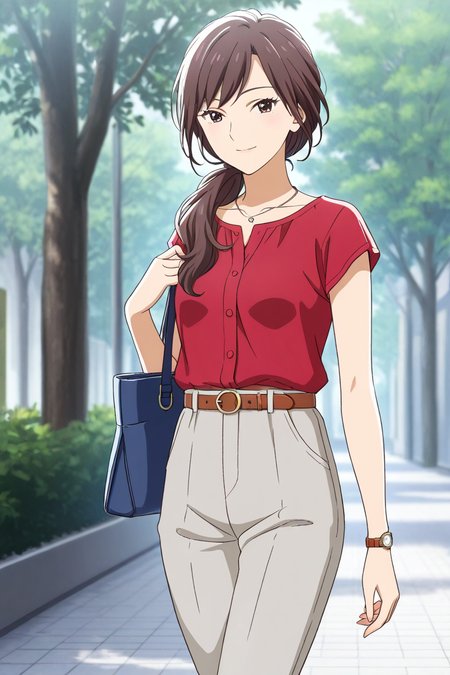 <lora:Add_more_details_pony:0.8>  <lora:matsukaze_kanoko_illus_deaimon:1> matsukaze kanoko, 1girl, solo, long hair, looking at viewer, brown hair, shirt, jewelry, standing, cowboy shot, short sleeves, outdoors, day, belt, pants, necklace, bag, tree, red shirt, walking, watch, handbag, shoulder bag, wristwatch, grey pants, outfit 4, side low ponytail,  seductive smile, collar shirt,