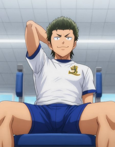 <lora:Kuramochi:0.8>, 1boy, solo, Kuramochi Yoichi, green hair, male focus, profile, smug, masculine, manly, virile, handsome, charming, seductive,  male focus, sole male, sitting on chair, widely spread legs, (from below, low angle, view between legs), (perfect face, perfect eyes:1.2), (arms at sides, hands beside body), one hand behind head, sportswear, white shirt, short sleeves,