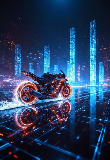 Improved cinematic photo, 35mm photograph, film, professional, 4k, highly detailed, aidmaMJ6.1,
A glowing digital bike speeding through a neon-lit grid,
The digital bike is sleek and aerodynamic, with sharp angular edges, glowing neon blue and orange lines running across its body, outlining its futuristic design. It speeds across a reflective, pulsating grid that stretches infinitely into the distance, its wheels leaving trails of light that dissolve into the dark, grid-like horizon.
The bike’s frame is made of a translucent material, flickering with digital static as if it’s a part of a virtual world, while holographic elements swirl around the bike, adding to the high-tech, digital aesthetic. The background is filled with towering structures made of light, casting sharp reflections and geometric patterns across the surface of the grid. The sky above is a deep, glowing gradient, transitioning from vibrant blues to purples and dark blacks, while the atmosphere feels electrically charged with energy. The scene is illuminated by soft neon lighting that accentuates the motion and sleekness of the bike, creating a fast-paced, futuristic ambiance.