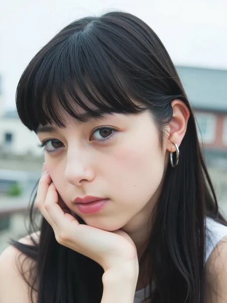 There are wonderful studio lights and various reflections,
18yo beautiful cute girl with blushing and female orgasm.skin naturally showing the texture of blood vessels and detailed pale skin,
--,
<lora:Nakajo_Ayami_f1:1>,she is Nakajo Ayami, The image is a portrait of a young Asian woman with long dark hair and bangs.  Her female orgasm blush and tears flow,full of sexual desire,Her is resting her chin on her hand. The background is blurred,but it appears to be an outdoor setting with a building visible in the distance. The overall mood of the image is lascivious and erotic.,,