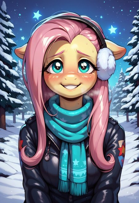 score_9, score_8_up, score_7_up, score_6_up, semi-realistic artwork, detailed background, high quality, vibrant colors, best quality rendering, intricate details, high resolution, sharp focus, best render quality, (background-winter forest, snow, night, stars, glowing stars), close up view, focus on face,
1girl, solo, Fluttershy (anthro pony), 18 yo, long hair, narrow shoulders, skinny, shiny skin, small perky breasts,
wearing a winter coat, scarf, mittens, fluffy winter earmuffs,
dynamic pose, shivering, 
shy, blush, blushing, embarrassed, happy, smiling, looking at viewer, hot breath,