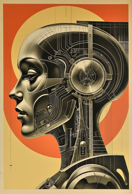 ArsMJStyle, ArtDecoVintageFuture, closeup side portrait in art deco poster style of female robot, detailed reflective helmet, robot joints, circuits, wires, cables
