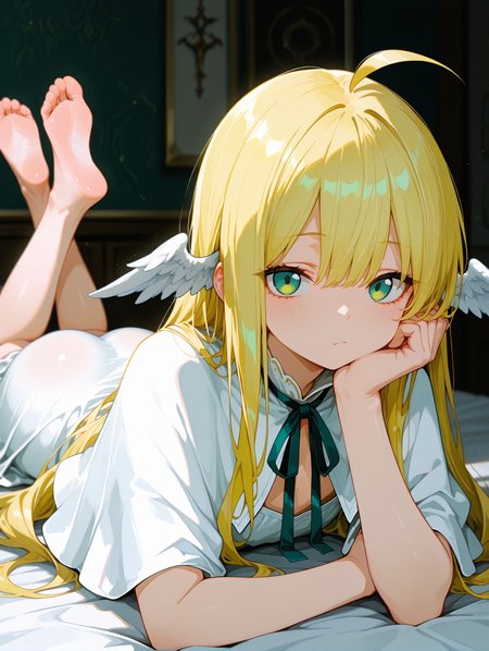 <lora:748cmSDXL:1>,best quality,748cmstyle,depth of field,1girl,very aesthetic,absurdres,masterpiece,best quality,amazing quality,
<lora:Mavis_Pony:0.7>,green_eyes,blonde_hair,very_long_hair,ahoge,head_wings,flat_chest,capelet,white_dress,neck_ribbon,
<lora:the-pose-ponyxl-lora-nochekaiser:1>,the pose,on stomach,feet up,lying,soles,feet,legs up,head rest,barefoot,ass,