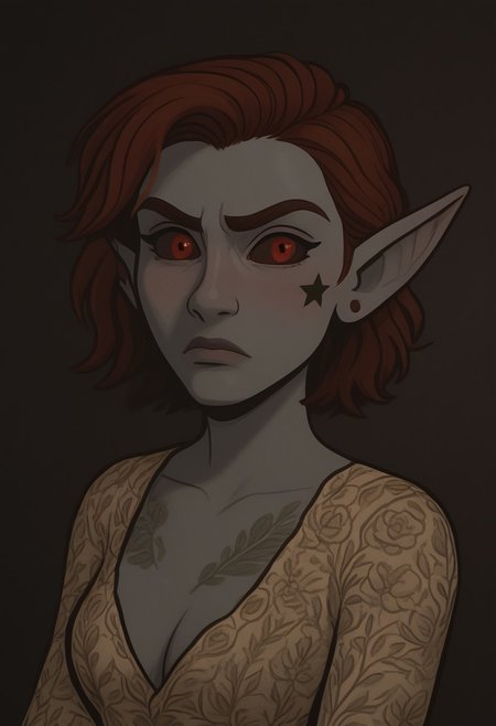 Y'Syn, Valenwood, dunmer, grey skin, disgusted expression, three quarters view, clean lines, star tattoo under left eye, unibrow, bushy eyebrows, a few floral tattoos, medium breasts, cleavage, latina, red eyes, dark red sclera, slant pupils, natural underarm hair, vintage patterns, floral tattoos, auburn hair, athletic build, pointy ears, bosmer, canalside views, Amsterdam, animated style, heavy outline, stylized, master piece, Cyberscrolls style, looking at viewer, fixed face, cel-shaded, digital art, highest quality, 4k resolution