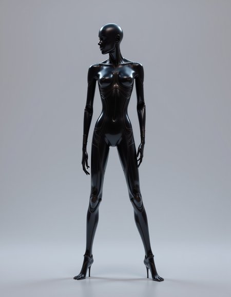 Hybrid_Hu_Al, a high-resolution CGI rendering, features a futuristic humanoid robot or android standing against a sleek, minimalist grey gradient background. The robot's slender, athletic frame exudes elegance and precision, with limbs and joints seamlessly integrated into its elongated body. Its skin, crafted from a high-gloss, deep black material, reflects light in a way that creates a sleek, liquid-like shine, evoking a sense of both sophistication and power. The smooth, flowing design of its body suggests advanced engineering, hinting at a world where robotics and artificial intelligence have reached near-perfect human-like refinement, yet with an otherworldly allure