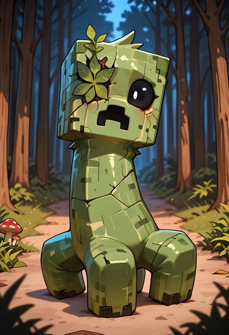 masterpiece, best quality, amazing quality, very aesthetic, absurdres, newest, , detailed background, 
 movie scene, cinematic scene, cinematic, foreground blur, depth of field, 
crpr, no humans, full body, pokemon (creature), open mouth, green skin, black sclera, black mouth, 
portrait, cracked skin, leaves over eye, wooden skin, mushroom growths on skin, wooden skin, brown skin, bark skin, had skin,