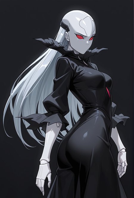Smooth Quality,masterpiece,very intricate, high quality details, ultra realistic, high detailed skin,detailed enviorement,absurdres,
simple background, white background, 
twisted torso,raised eyebrow,
 <lora:Berettacnn:0.8>  beretacnn,.1girl, long hair,red eyes, (mask:1.1), black dress,silver hair, doll joints,