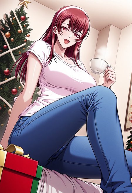 masterpiece, best quality, newest, highres, uncensored, 1girl, yokota mamoru style,1girl,
Aiba Sakura,Long Hair, Red Hair, Red Eyes,Slim
1girl,  solo, christmas tree, cup, gift,  christmas, long hair, hairband, gift box, box, teacup, sitting, smile, open mouth，blue jeans