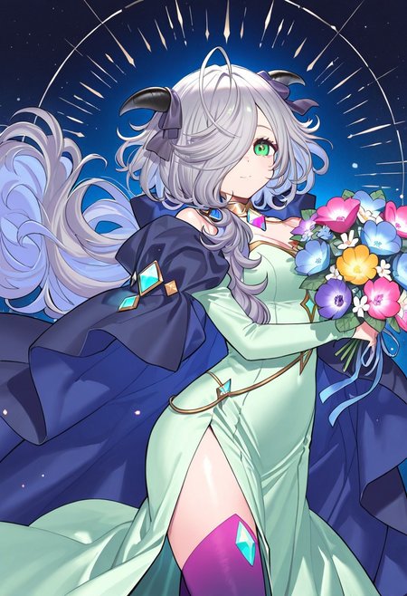 (score_9, score_8, score_7), masterwork, masterpiece, best quality, beautiful eyes, beautiful face, detailed eyes,detailed face, 1girl, eitr01, long silver hair, side-swept bangs, black curved horns,  
mint green dress, ivory outer layer, deep violet inner skirt, high slit dress,  
purple thigh-high stockings, navy blue and violet cape,  
shiny crystal decorations, glowing light blue and pink gems,  
multicolored bouquet, golden choker with geometric ornament, dynamic angles