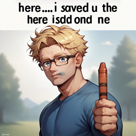 source_anime, score_9, score_8_up,  <lora:NSRedOneMeme:1> NSRedOneMeme, upper body, holding, english text, from side, looking at the viewer, 1boy, glasses, blonde hair, blue eyes, blue shirt, twig in hair