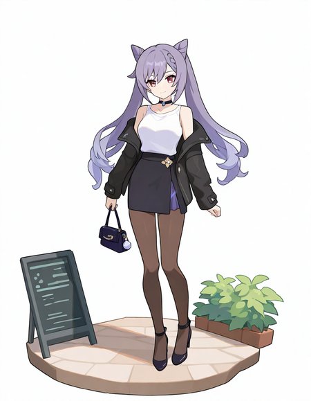 1girl, keqing \(genshin impact\), 
worldflipper, solo, looking at viewer, simple background, holding, alternate costume, skirt, twintails, long sleeves, handbag, jacket, cone hair bun, pantyhose, closed mouth, breasts, purple eyes, open jacket, black choker, long hair, open clothes, black jacket, bag, black skirt, miniskirt, full body, high heels, smile, brown pantyhose, holding bag, shirt tucked in, hair bun, medium breasts, off shoulder, choker, standing, bare shoulders, purple hair, white background,
masterpiece, best quality, very aesthetic, newest, absurdres, incredibly absurdres
 <lora:worldflipper-000016:1>