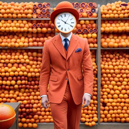 An image of a man wearing a blood orange style suit with a bowler hat holding al large blood orange style clock