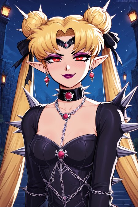 score_9, score_8_up, score_8, medium breasts, (curvy), cute, eyelashes,   smug,     BREAK, ,  ,,, <lora:CruelMoon_PDXL:0.8>, zzCruelMoon, long hair, twintails, blonde hair, jewelry, hair bun, double bun, very long hair, choker, chain, spikes, gothic, parted bangs, red eyes,  earrings, dress, makeup, holding, necklace, lipstick, black dress, pointy ears, night, ,,, , BREAK, <lora:Afrobull_PDXL_v4:0.8>,  ,,, BREAK, smile, looking at viewer, closed mouth, cowboy shot,  ,,, embedding:zPDXL, Expressiveh, ,,, <lora:SDXLFaeTastic2400:0.5>, <lora:Expressive_H-000001:0.4>,