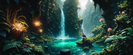 highly detailed mystical realism oil painting in the style of johan christian dahl and maurice sapiro, ancient, dark jungle brimming with life, an enchanted forest hidden deep in mystery, in the foreground, large, otherworldly plants with vibrant, exotic leaves and gorgeous aberrant flowers edge a glowing azure pool, lush layers of vegetation framing the waterfallâs base, dark shadows fill the corners, the center scene features a narrow, bioluminescent waterfall cascading down a rugged, multi-tiered cliff, its gentle glow casting a faint blue-green light, thick, emerald moss covers the cliff, hinting at untold ages, in the background, the dense foliage extends into the shadows, punctuated by faint glows from hidden recesses, suggesting unseen life, a medium-wide shot with slight overhead perspective, capturing the waterfall, pool, and dense jungle foliage in a balanced, layered composition, dynamic chiaroscuro lighting, with warm dappled light filtering through the thick jungle canopy, soft, ethereal glow around the waterfall and pool, faint reflections off the vibrant plants, intricate textures and shadow detail, soft interplay between deep green shadows and luminous highlights, painting-quality detail, realistic contrasts, and rich color gradations, transcendent and strange scenery, in the style of ck-ovf, <lora:faetastic_details-flux-by_faeia:0.88> <lora:style-oneviolentfantasy-ep21-flux-by_chronoknight:0.84>