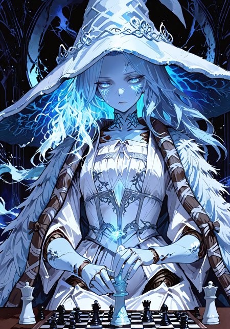 ranni the witch, elden ring, 1girl, (pale blue skin with faint cracks like porcelain:1.6), (icy blue eyes glowing with otherworldly intelligence:1.7), (long flowing blue hair, almost translucent:1.5), (four slender arms, delicate doll joints visible:1.6), (white fur cloak draped regally over shoulders:1.5), (oversized witch hat with intricate silver embroidery:1.6), (white dress, ethereal and flowing like mist:1.5), (multiple spectral faces floating around her—ghostly whispers in the dark:1.7), (moonlit background, cold and desolate:1.4), (FromSoftware’s gothic-fantasy aesthetic:1.8), (expression serene yet calculating—a goddess playing chess with fate:1.6)  
,MythAn1m3,748cmstyle