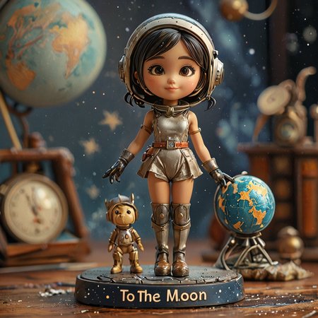 minature  beautiful asian girl, sexy leotard, retro-space-helmet,  boots, gloves, belt,  "to the moon " written on base , desktop-globe , pencils in background  4k, highly detailed  <lora:Cute_Collectible:1>