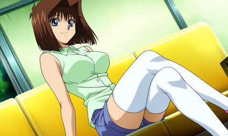official style, anime screencap, 1girl, solo, mazaki anzu, brown hair, short hair, blue eyes, light-green shirt, sleeveless shirt, blue shorts, white thighhighs, sitting, crossed legs, light smile, closed mouth