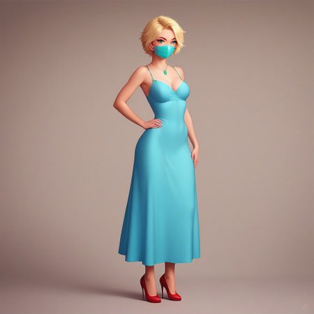 score_9, score_8_up, score_7_up, zPDXL3, NEGATIVE_HANDS, beautiful aesthetic, very intricate details, high quality details, realistic, highres, HD, 1 girl, solo, BREAK, cyan face mask, blonde hair, short hair, cyan eyes, rose necklace, covered neck, rose dress, red high heels, thin body, standing, hand on hips, happy smiling, sexy, BREAK, city