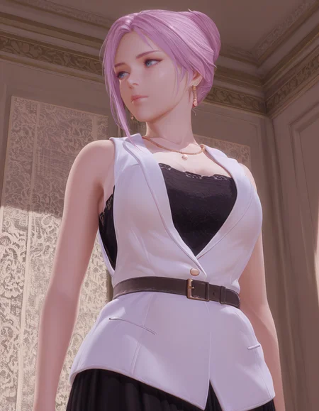 1girl, standing, looking back, from below, realistic, 
<lora:Elise_vvp_lcd_v0.4:1> elivevvplcd, blue eyes, asymmetrical hair, hair bun, earrings, 
strapless long dress, trim lace, black dress, belt, white sleeveless jacket, necklace, 
masterpiece, best quality, amazing quality,