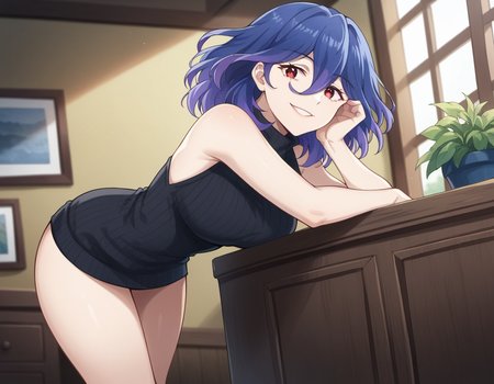 score_9, score_8_up, score_7_up, source_anime,
vermeil, <lora:vermeil-s1-ponyxl-lora-nochekaiser:1>,
vermeil, red eyes, hair between eyes, blue hair, purple hair, multicolored hair, medium hair,
sweater, bare shoulders, sleeveless, turtleneck, black sweater, thighs,
indoors, bent over, smile,
looking at viewer, cowboy shot, solo, dutch angle,