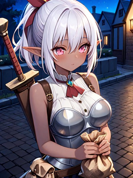 absurdres, explicit, tied bag, holding bag, burlap bag, upper body, 1girl, pointy ears, dark elf, breasts, boobplate, sleeveless, weapon on back, brick road, outdoors, night, incoming gift, own hands together, <lora:coinbag_ilxl:1>