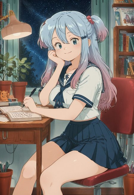 masterpiece, best quality, solo, curvy, beautiful eyes, narrow waist, wide hips, 1girl, solo, smile, looking at viewer,   zzLazuli, blue eyes, hair between eyes, blue hair, gradient hair, hair bobbles, hair ornament, long hair, multicolored hair, two side up,  school uniform, serafuku, sailor collar, blue skirt, pleated skirt, short sleeves,   ,<lora:LazuliByKurumiErika_IXL:1.0>,  , zzLofi, sitting, side view, desk, chair, book, bookshelf, head rest, holding, holding pen, lamp, night, open book, pen, plant, potted plant, sky, star (sky), starry sky, window, windowsill, writing, <lora:LofiGirl_Style_IXL:0.8>,, large breasts,    <lora:CuteRetroStyle_IXL_v1:1.0>,