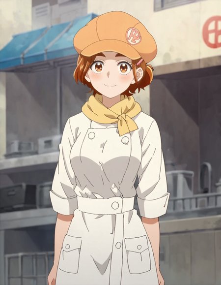 score_9, score_8_up, score_7_up, 1girl, solo, anime screencap, 1girl, solo,hyuugasaki,  jewelry, hair ornament, smile, looking at viewer, shirt,  hairclip,cabbie hat,chef,yellow scarf ,cowboy shot,medium breasts,blush, <lora:hyuugasaki:0.8>